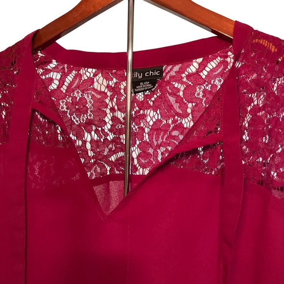 City Chic XL Lace Trim Long Sleeve Blouse Red Semi-Sheer Button Cuff - Picture 6 of 7